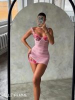Embroidered Flower Mesh Two-Piece Night Dress - Image 8